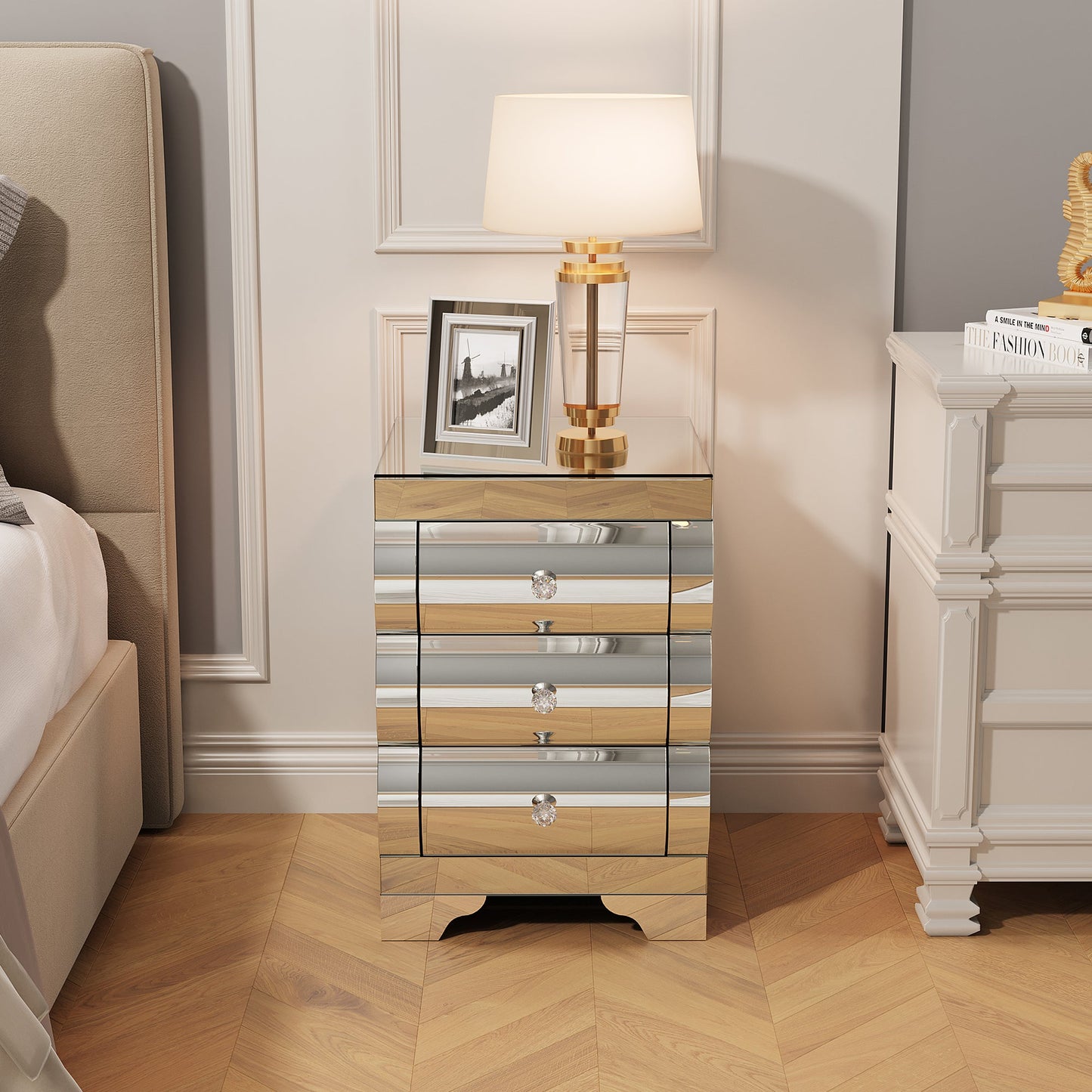 Curved Mirror Nightstand with 3-Drawer Glass Bedside Table, Silver, Bedroom