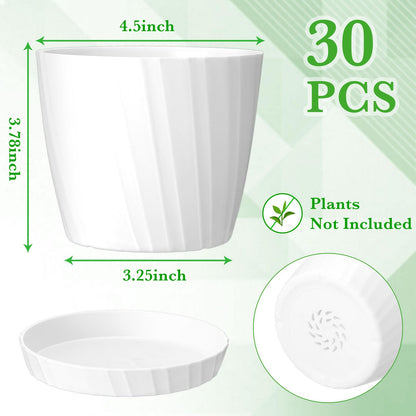 Layhit 30 Pcs 4.5 Inch White Plastic Plant Pots with Drainage Holes & Saucers
