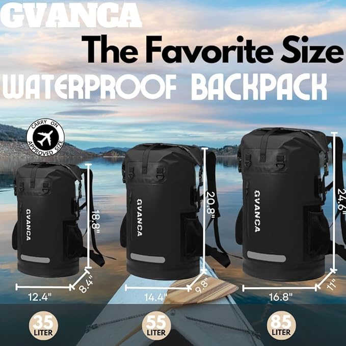 Waterproof Roll Top Kayak Dry Backpack, Floating Outdoor Dry Sack Boating Sailing Canoeing Rafting Fishing Camping 55L Black