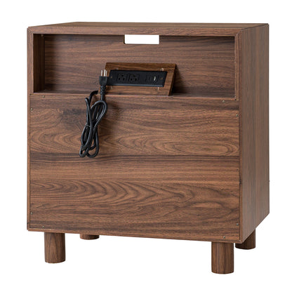 Modern Nightstand with Charging Station, 2 Drawers, Curve Mirror Design, 26 in