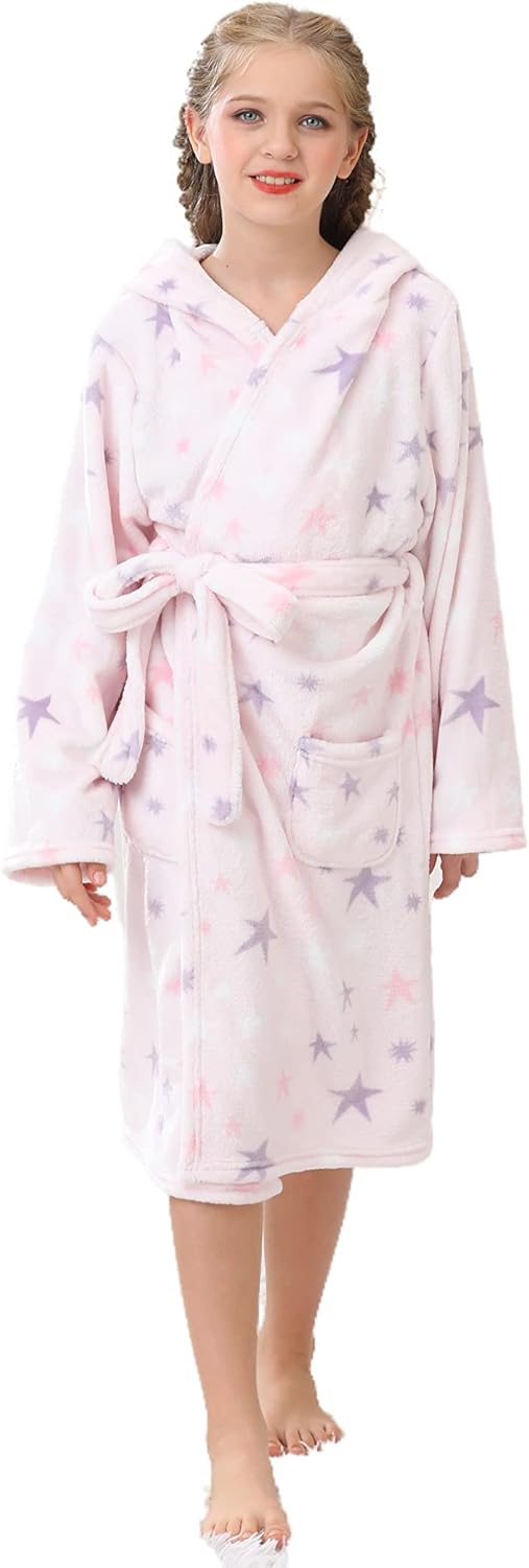 Girls Hooded Fleece Bathrobe - Soft Plush Warm Robe for Kids 3-14 Years
