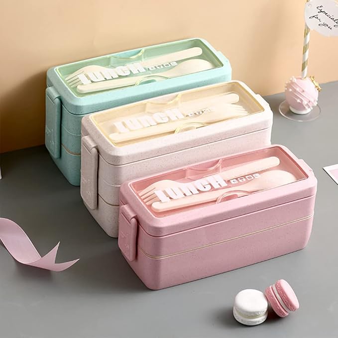 Iteryn Bento Box Lunch Box, 3-In-1 Compartment Containers - Wheat Straw, Leakproof Stackable Bento Lunch Box Meal Prep