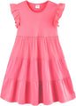 Girls Cotton Dress - Ruffle Sleeve Tiered A-Line Midi Sundress