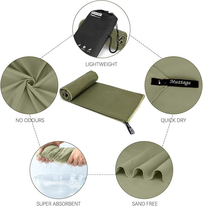 Microfiber Beach Towel-Perfect for Travel, Sports, Camping, Swimming, Yoga, Gym- Quick Dry, Sand Free, Compact, Lightweight, Absorbent (Army Green, Small(101x50cm, 40x20”))