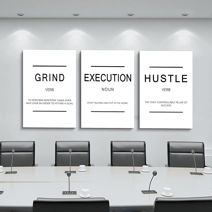 Framed Canvas Wall Art Success Quote, Office Wall Art, Black Large Poster, Positive Motivational Set of 3 Prints, Grind Execution Hustle Poster, Inspirational Print (C-3pcs,24x36inchx3pcs)