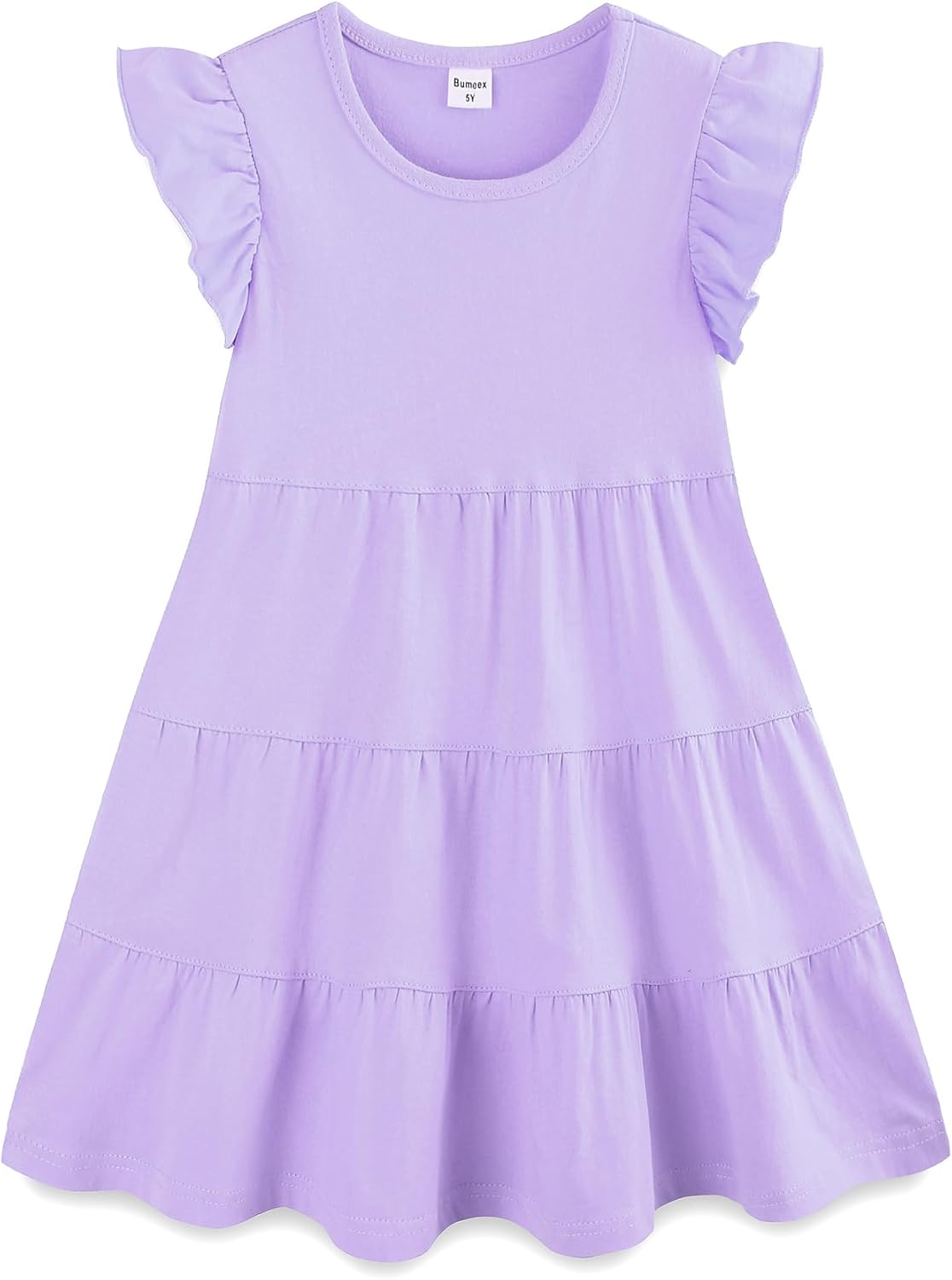 Girls Cotton Dress - Ruffle Sleeve Tiered A-Line Midi Sundress
