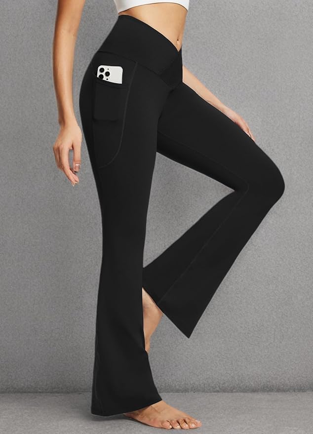 baleaf Women's V Crossover Flare Leggings with Pockets Yoga Pants High Waist Casual Workout Gym Bell Bottom Leggings