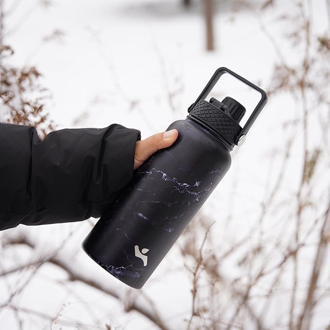 Insulated Water Bottle 24oz Stainless Steel Sport Bottles with 3 Lids,Marble Midnight