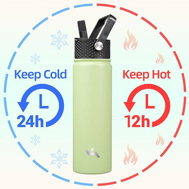 22oz Stainless Steel Bottles with 3 Lids Sport Insulated Water Bottle,Macaron Green