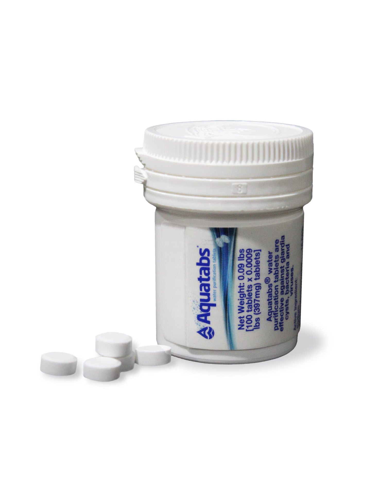 Aquatabs Water Purification Tablets (397mg, 100 Pack). Water Filtration System for Camping, Boating, Emergency Water, Survival Kit, and Marine. Easy-to-Use Water Purifier Treatment.