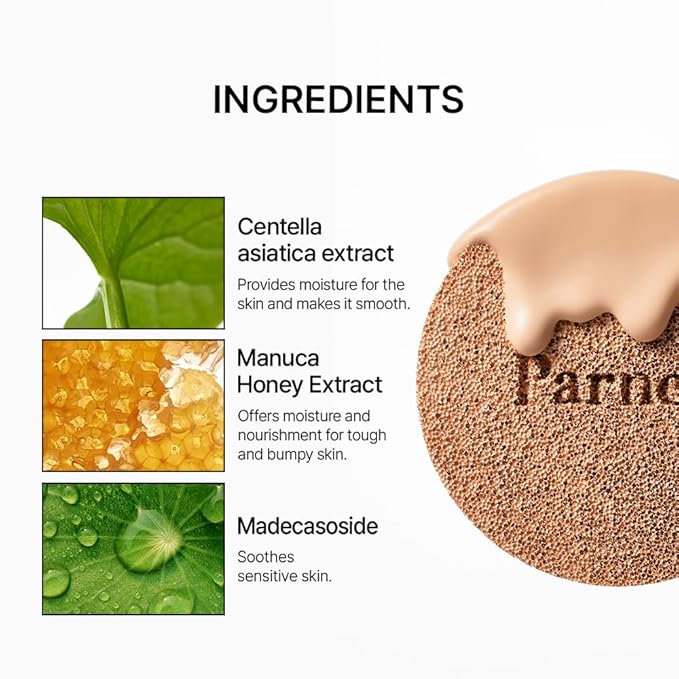 Parnell Cicamanu Serum Cushion - Moisturizing Foundation for Soothing, Coverage, Glass Skin and Lightweight for Sensitive and Dry Skin Pearl Skin (0.52 Fl Oz) (23W)