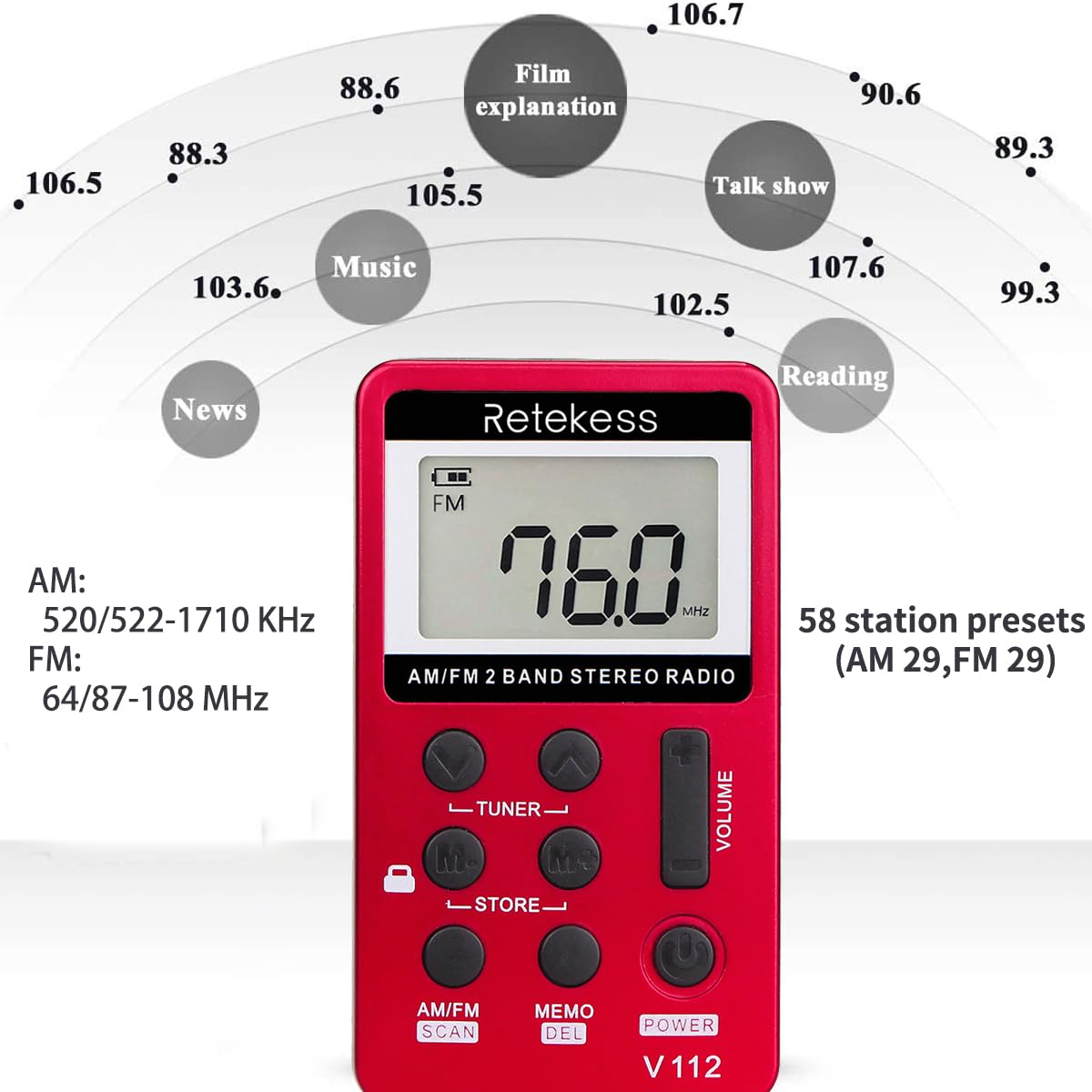 Retekess V112 AM FM Portable Pocket Radio, FM Receiver, Digital Tuning Stereo, with Headphones, Rechargeable Battery, for Walking, Jogging, Training, Church (Red)