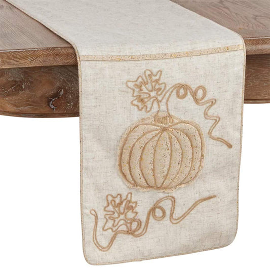 Fennco Styles Thanksgiving Foil Pumpkin Jute Embroidered Table Runner 13 x 72 Inch - Neutral Holiday Table Cover for Home Décor, Banquets, Family Gathering and Special Occasion