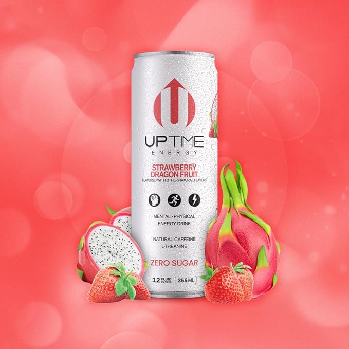 UPTIME Energy Drink, Strawberry Dragon Fruit Sparkling, 12 Pack, Vitamin C, L Theanine, Calcium, Sugar Free Energy Drinks for Focus Support, 142mg Natural Caffeine, 0 Calories, Natural, 12 fl oz Cans