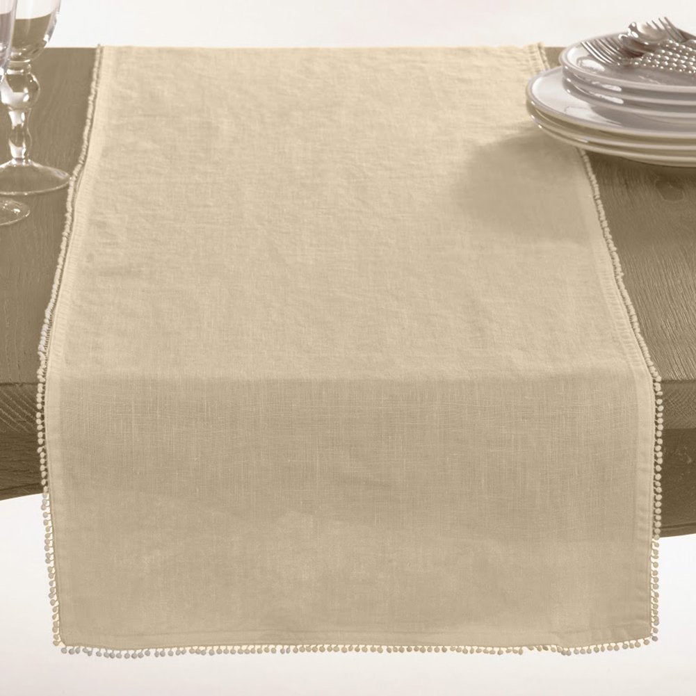 Fennco Styles Pomponin Collection Pom Pom Design 100% Linen Table Runner