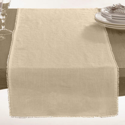 Fennco Styles Pomponin Collection Pom Pom Design 100% Linen Table Runner