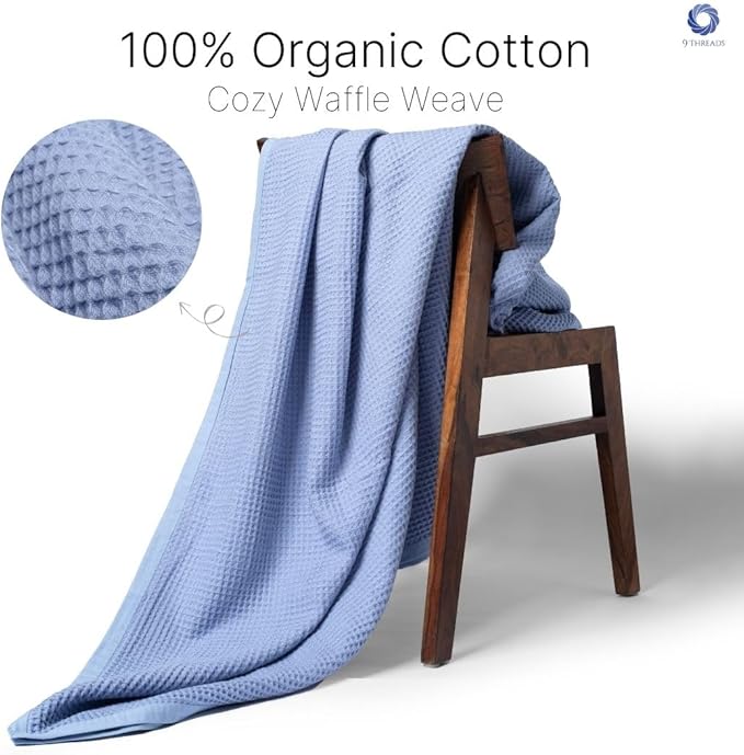 GOTS Certified Organic Cotton Waffle Weave Blanket, Throw Bed Size, 50"X60"Cozy Throw Blanket for Couch, Modern Home Decor, Throw Blankets, Waffle Blanket, Soft Bed Blankets - Powder Blue