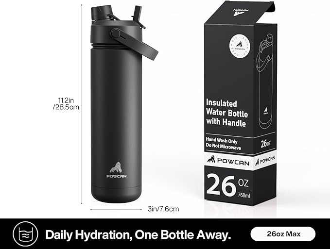 26 oz Insulated Water Bottle with 2-in-1 Straw and Spout Lid, Keep Cold 24H, Leak-Proof, Fits in Car Cup Holder, Stainless Steel Water Bottle for Sports, Travel, and School (Dark Knight)