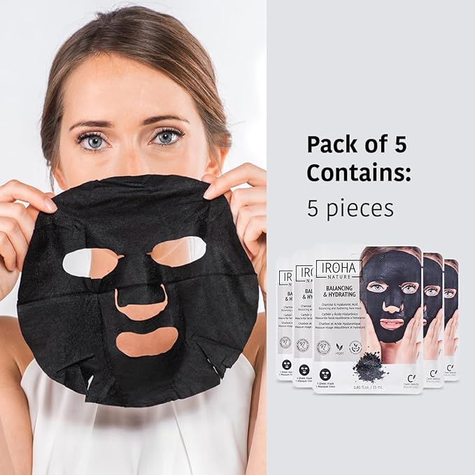IROHA NATURE Face Masks - Packs for Better Skin (Pack of 5, Rebalancing & Hydrating Tissue Face Mask with Charcoal & Hyaluronic Acid)