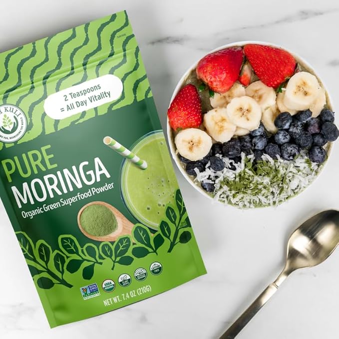 Kuli Kuli Moringa Oleifera Organic Leaf Powder & Green Smoothie, 100% Pure USDA Certified & Non-GMO Moringa Powder, Great with Smoothies, Tea, and Food, 2 Pack