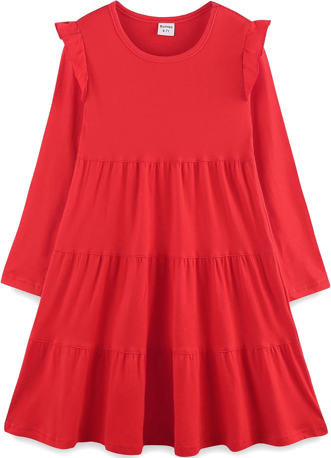 Girls Cotton Dress - Ruffle Sleeve Tiered A-Line Midi Sundress