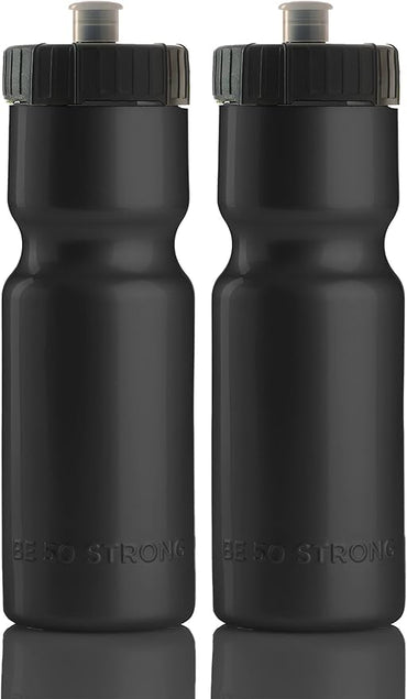 Bike Water Bottle Holder & Bottle Combo – 2-Pack 22 oz Sports Squeeze Bottles with Pull Top Cap & Easy-Install Bike Cage – Made in USA – 50 Strong Brand