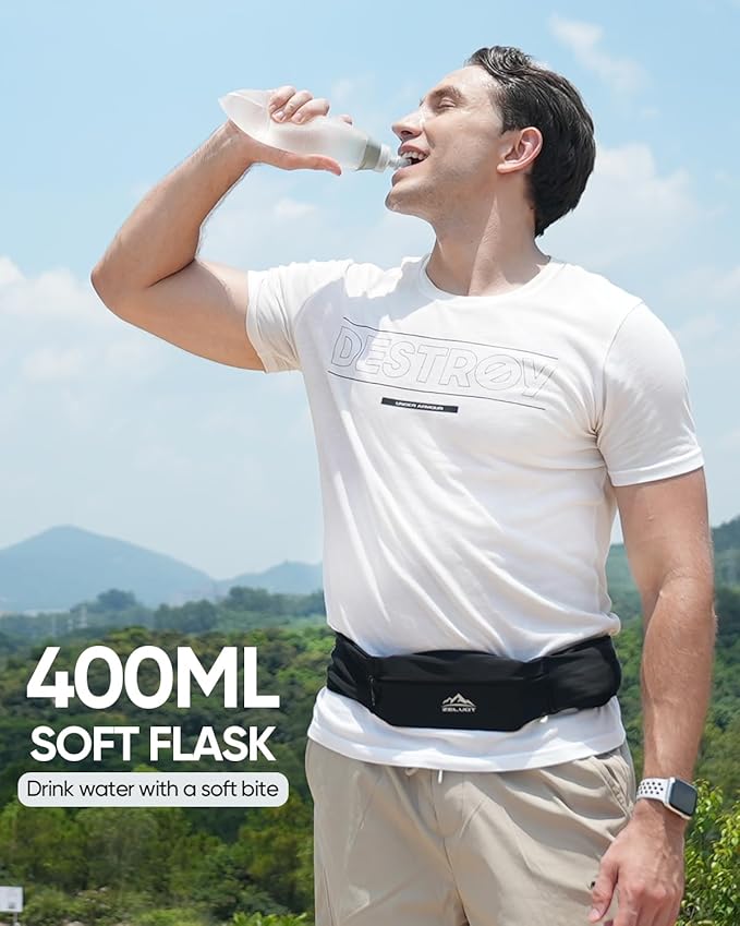 Running Belt with 400ml Soft Flask, Extension Strap & Phone Holder, Adjustable Running Fanny Pack with Gym Towel, Waterproof Belt Bag for Women Men for Jogging Hiking Marathon
