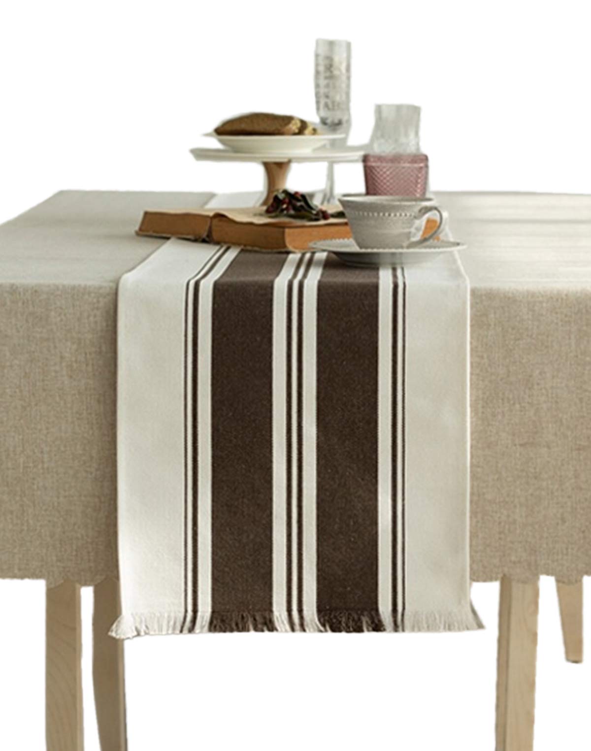 Fennco Styles Netural Stripes Fringe Canvas Cotton Table Runner 14 x 71 Inch - Grey Striped Table Cover for Home Décor, Dining Table, Farmhouse, Everyday Use and Special Occasion