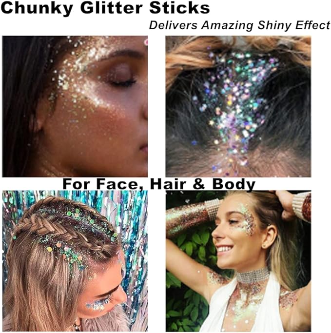 Mysense Mermaid Body Glitter Stick,Face Hair Glitter Gel for Kids Women,Festival Rave Pride Accessories,Waterproof Sparkling Holographic Mermaid Sequins Chunky Glitter Makeup,0.56oz
