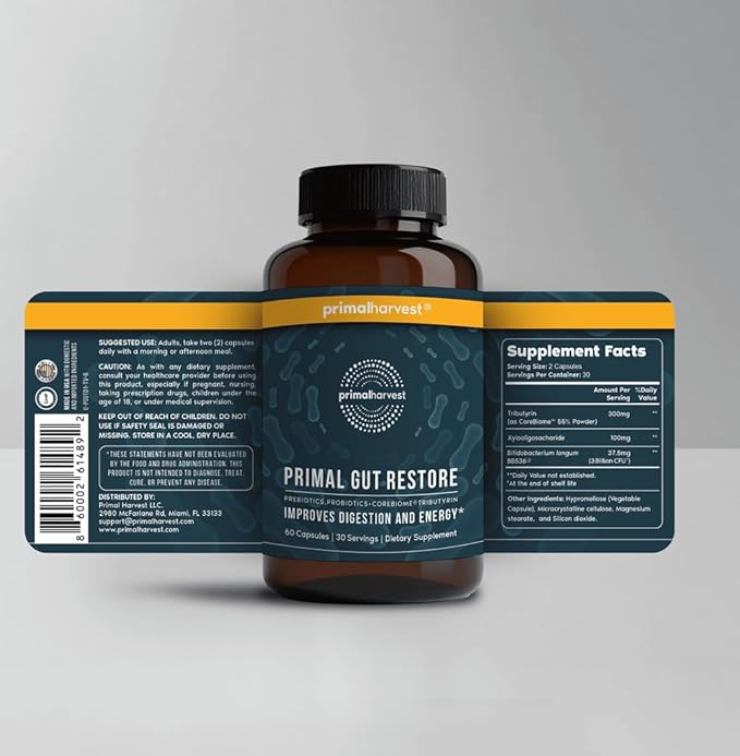 Primal Harvest 2 Pack, Restore for Gut Health, Primal Gut Restore w/POSTbiotics, PREbiotics and PRObiotics for Women and Men, 60 CT - Digestion, Colon Cleanse, Helps Leaky Gut Repair