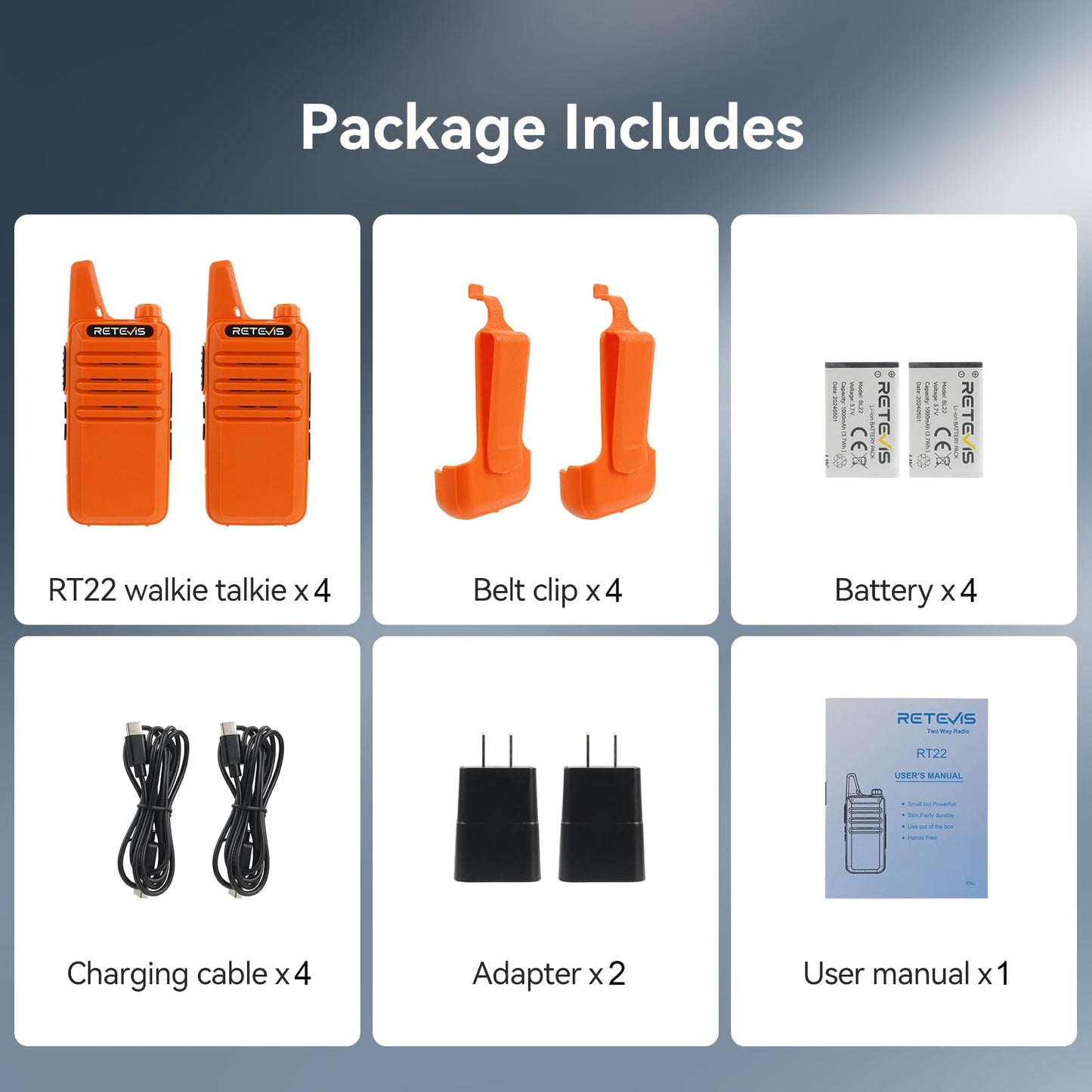 Retevis RT22 Two Way Radio Long Range Rechargeable,Portable 2 Way Radio, USB-C Charging, Handsfree Walkie Talkies for Adults Cruise Hiking Camping(4 Pack)