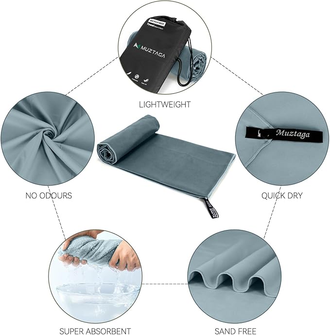 Microfiber Beach Towel-Perfect for Travel, Sports, Camping, Swimming, Yoga, Gym- Quick Dry, Sand Free, Compact, Lightweight, Absorbent (Grey,Medium(130x70cm, 51x27”))