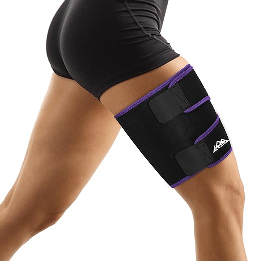 supregear Thigh Wraps Support, Adjustable Compression Neoprene Thigh Sleeve Hamstring Quad Wrap Upper Leg Brace for Women Men Pulled Groin Muscle, Quadriceps, Black + Purple, L