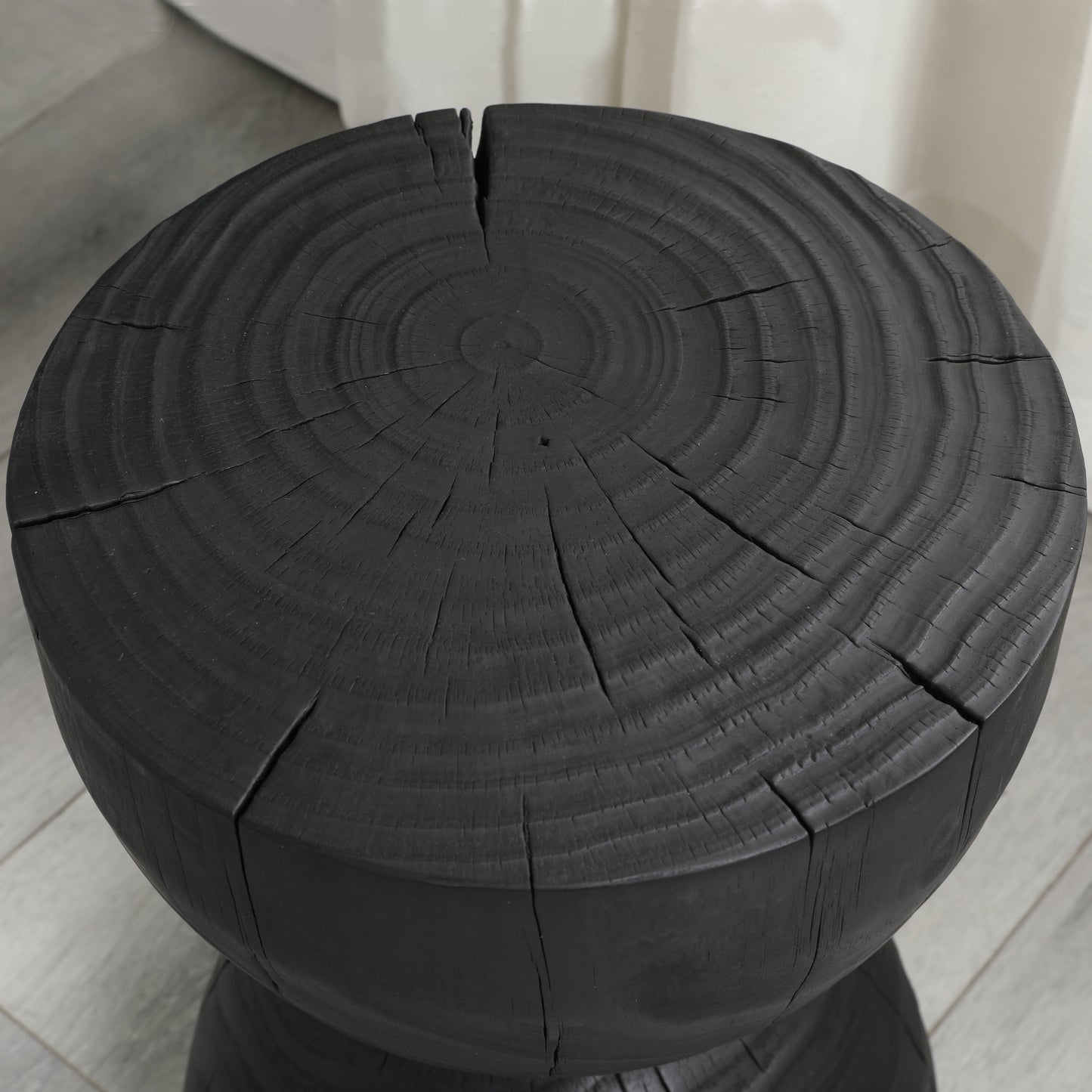 Solid Mango Wood Round Side Table, 12.2x18.11 in, Black, Burnt Vintage Look