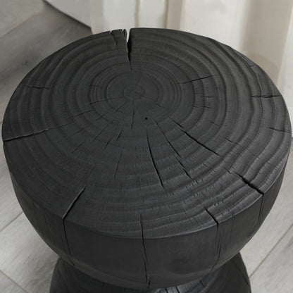Solid Mango Wood Round Side Table, 12.2x18.11 in, Black, Burnt Vintage Look