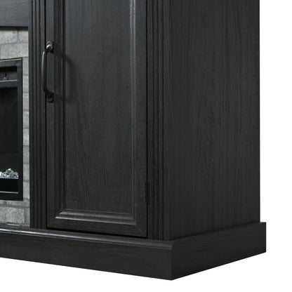 TV Stand Fireplace Black MDF Walnut Top Gray Brick 1400W Fits 70 In TV 66.9 In
