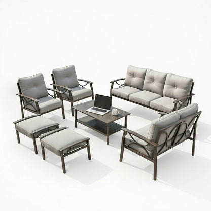 Outdoor Patio Set Steel 7 Piece Seats 9 Khaki Gray