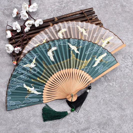 Vintage Bamboo & Silk Folding Hand Fan – Art Floral Design