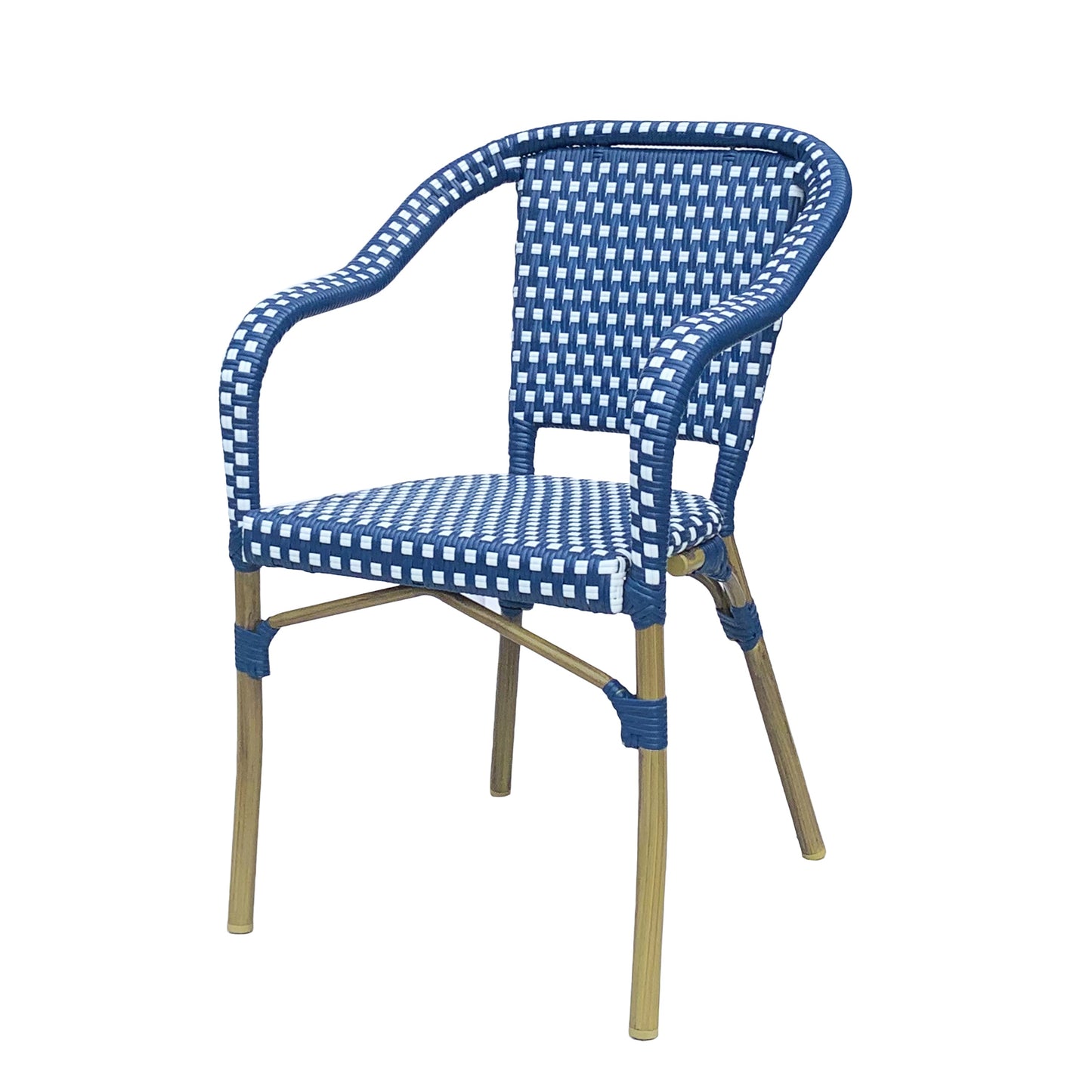 Outdoor Bistro Chair Set of 2, Rattan Wicker Aluminum Frame, White and Navy
