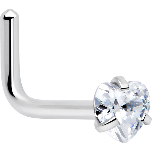18G 1/4 Clear Heart 3mm CZ Gem Steel L-Shape Nose Ring