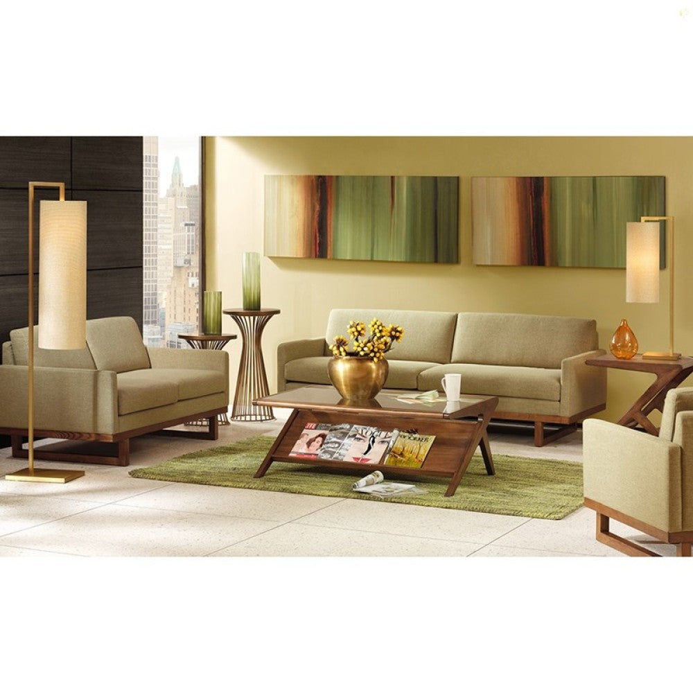 Coffee Table with Tempered Glass Top | Solid Wood Frame, Pecan Finish, Lower Shelf Storage