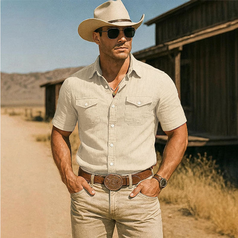 Mens Lapel-Neck Pocket Casual Short-Sleeve Shirt