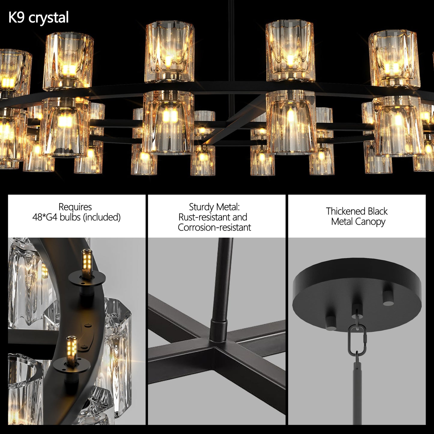 Chandelier Crystal LED 48 In Luxury Black Modern Living Dining Room