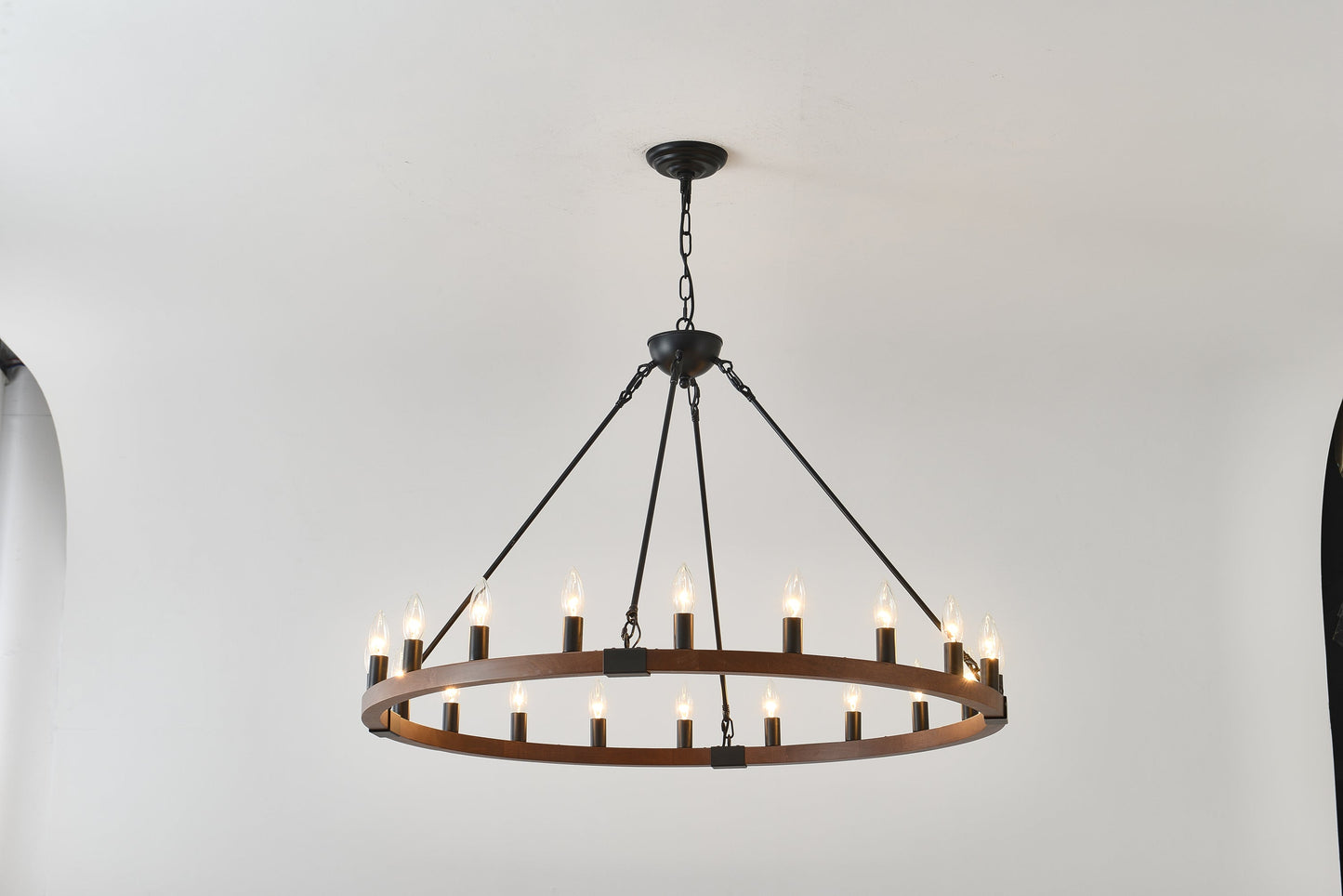 Chandelier Wood Wagon Wheel 20-Light Farmhouse Matte Black 39.3 In