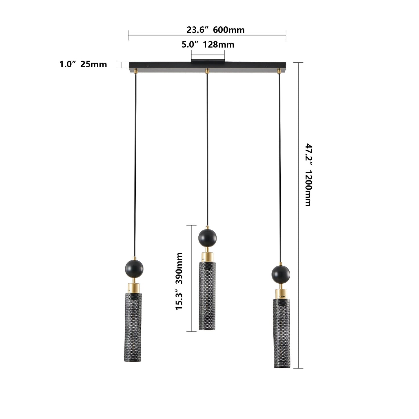 Chandelier 3-Light Black Gold Pendant Cylindrical Mesh Shades 25 In
