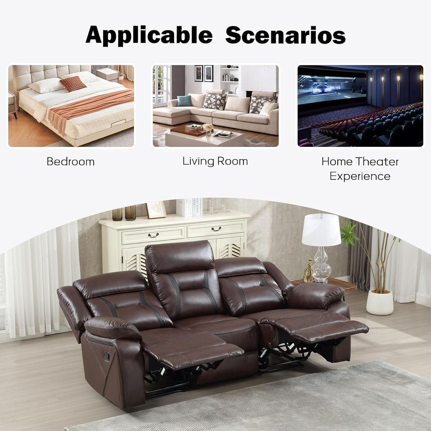 Three Seat Manual Reclining Sofa Dark Brown Faux Leather