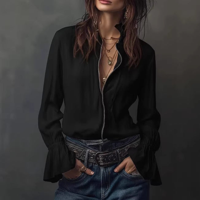 Womens Long-sleeve Zip-up Crew-neck Blouse