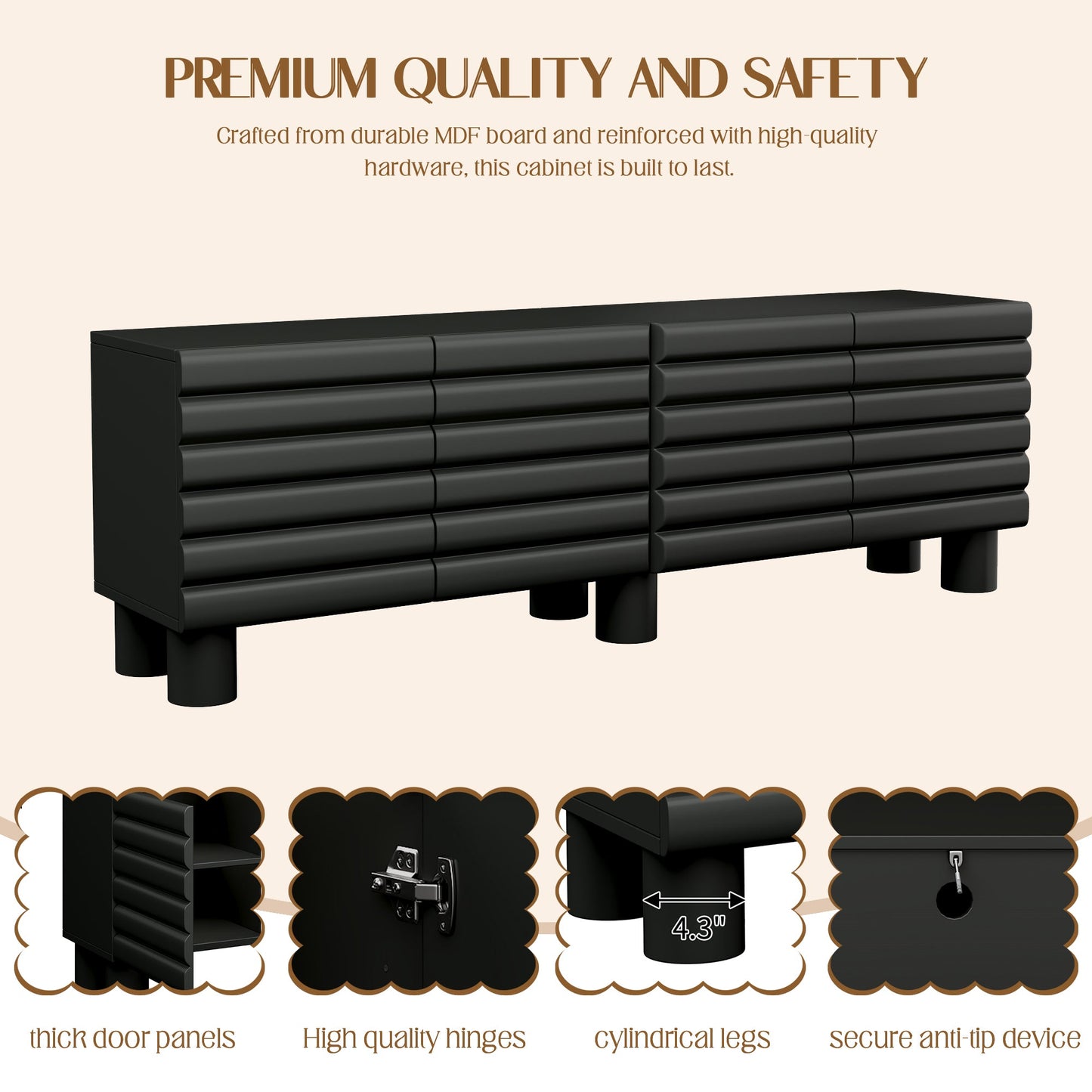 TV Stand Wavy Door Black MDF 4-Cabinet Cylindrical Legs Fits 70 In TV