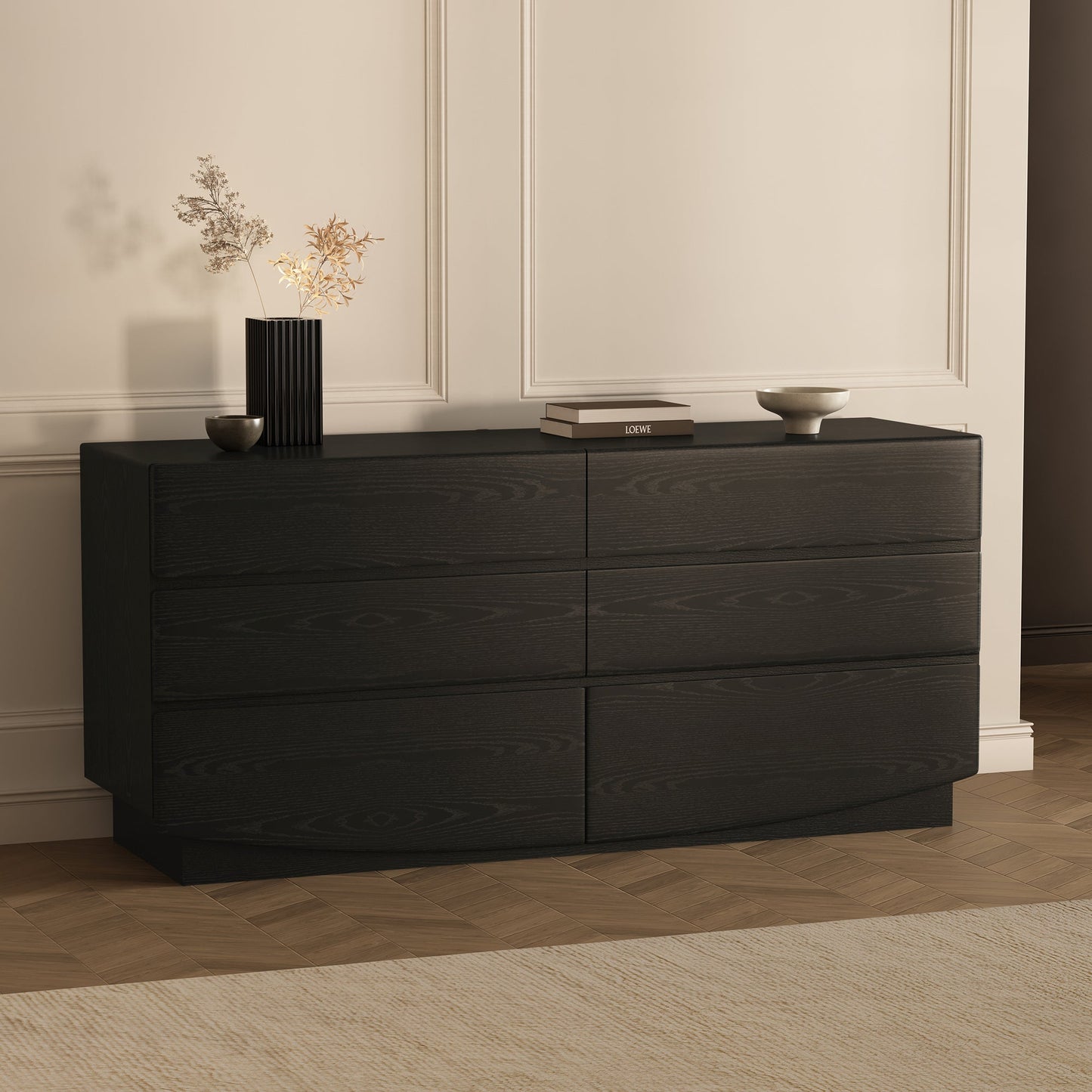 Dresser Minimalist 6-Drawer Black MDF Handleless 72x20x33.1 In