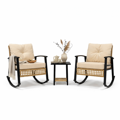 Outdoor Rocking Chair Set Iron Wicker Beige Yellow 3 Piece Table